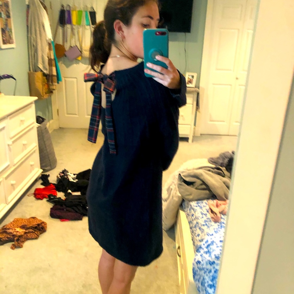 Blue sweater dress with plaid bow in back